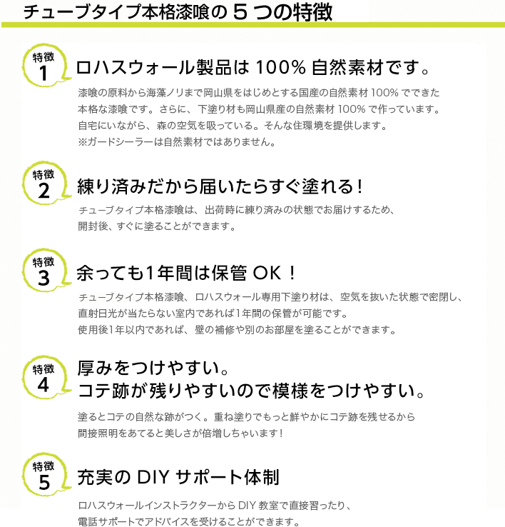 チューブタイプ本格漆喰だけの5つの特徴