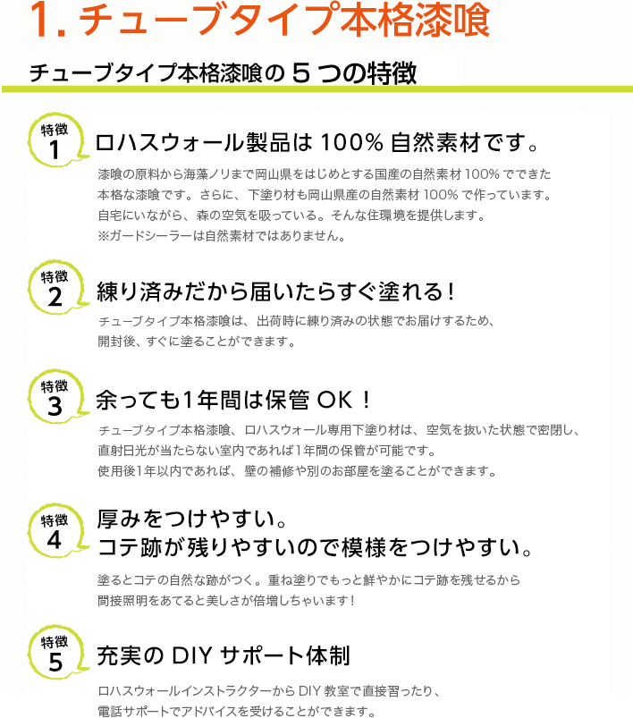 1.チューブタイプ本格漆喰 チューブタイプ本格漆喰だけの5つの特徴