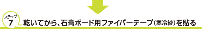 ステップ７　乾いてから、石膏ボード用ファイバーテープ（寒冷紗）を貼る