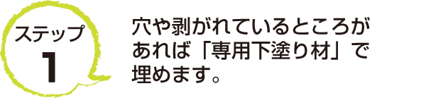 ステップ1　穴や剥がれているところがあれば「専用下塗り材」で埋めます。