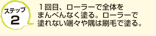 ステップ2　１回目、ローラーで全体をまんべんなく塗る。ローラーで塗れない端々や隅は刷毛で塗る。