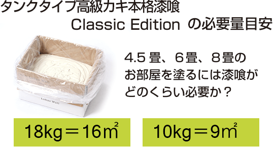 タンクタイプ高級カキ本格漆喰ClassicEditionの必要量の目安　4.5畳、6畳、8畳のお部屋を塗るには漆喰がどのくらい必要か？　18kg=16㎡ 10kg=9㎡